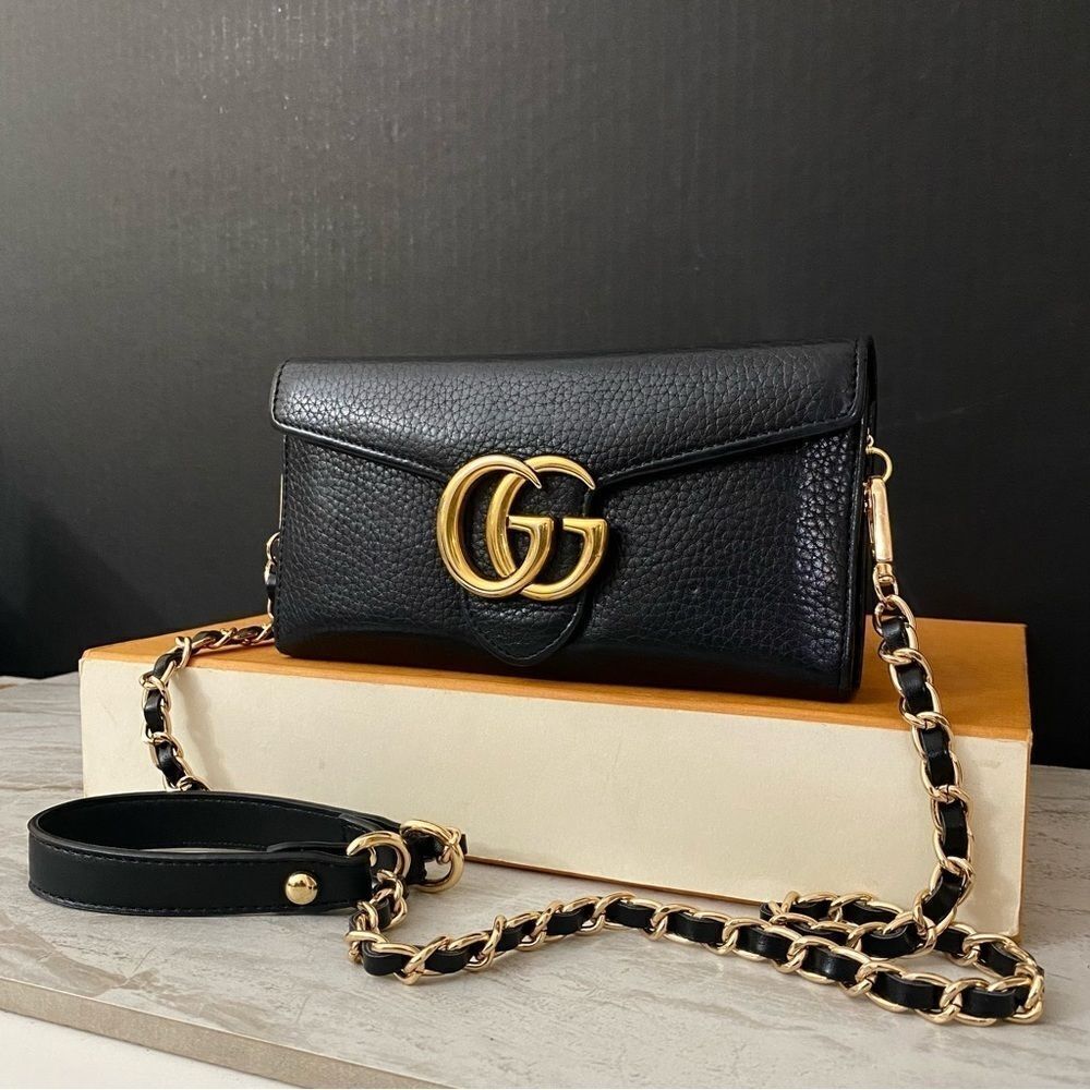 GUCCI GG Leather Long Wallet to Shoulder Bag 💼 Black